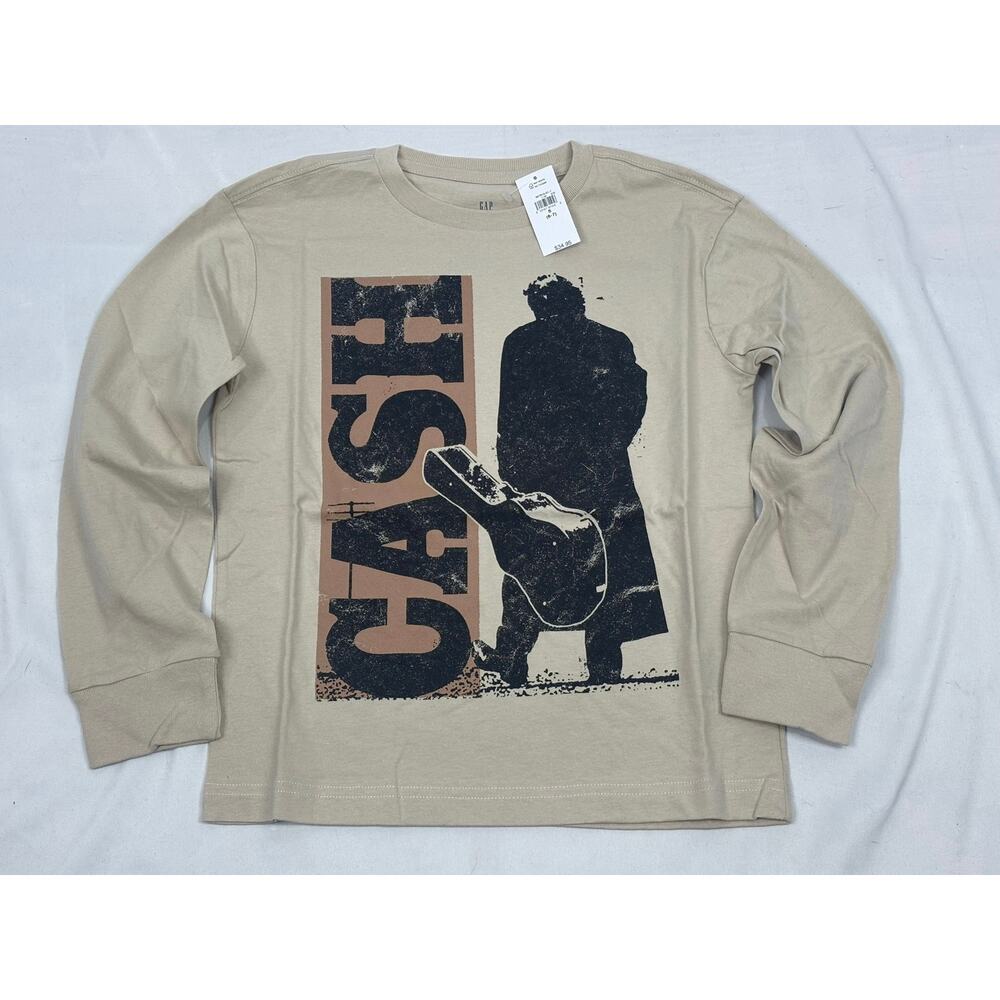 NWT Gap Kids Johnny Cash Graphic Long Sleeve Shirt Beige Tan Band Tee Size 6/7